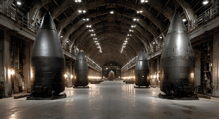 Six massive intercontinental ballistic missiles standing in a secure industrial facility
