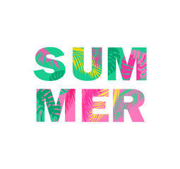 Summer lettering fashion print collection. Part 2 with colorful abstract pattern with monstera and coconut palm leaves for t-shirt, bag design, poster isolated on white