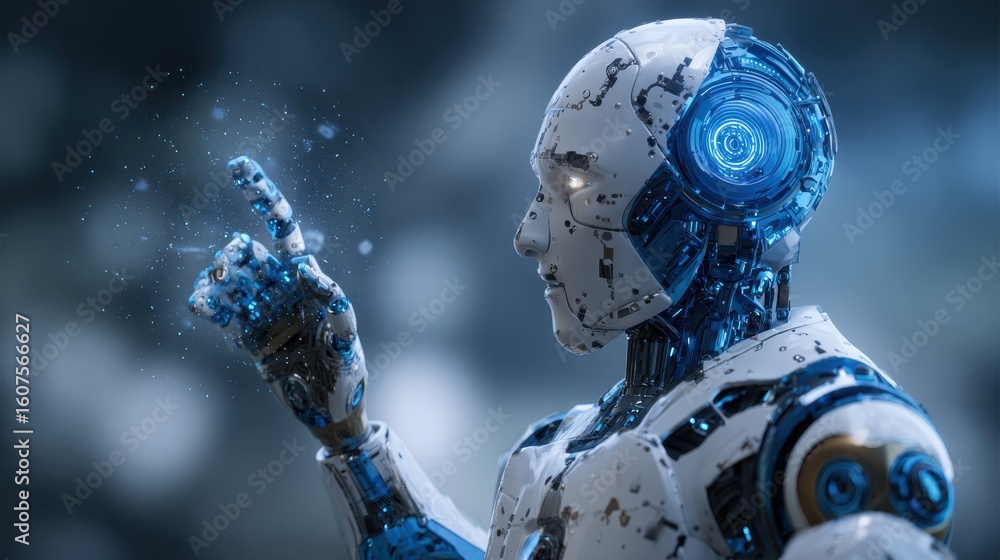 Poster design of a smart humanoid robot with artificial intelligence touching a hologram digital interface 
