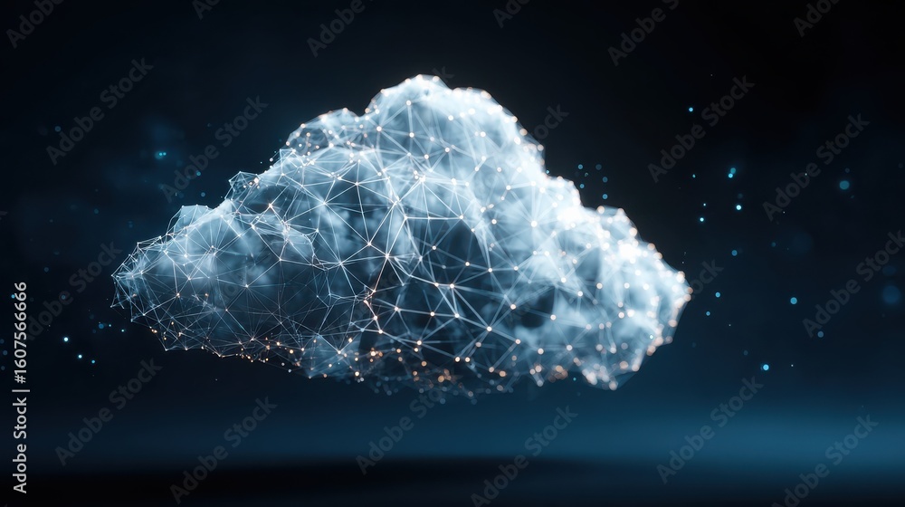 Poster creative glowing polygonal cloud on blue background. cloud computing and data concept. 3d rendering 