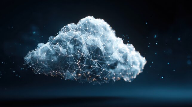 Creative glowing polygonal cloud on blue background. Cloud computing and data concept. 3D Rendering , no logos, no brands