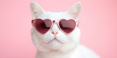 Adorable white cat wearing heart-shaped sunglasses against soft pink gradient background for valentine's day celebration concept