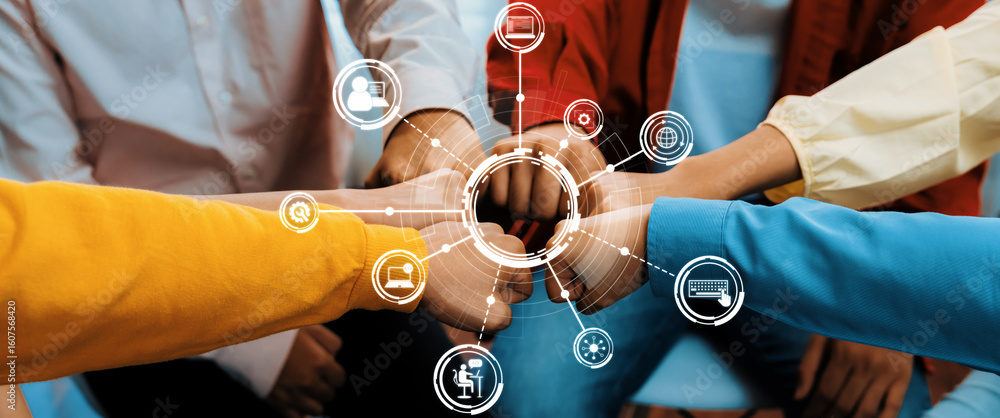 Poster a dynamic representation of teamwork, showcasing diverse hands connecting in a collaborative environ