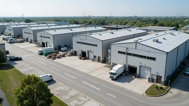 Bustling industrial park with delivery trucks shipping goods to modern warehouses ready for commercial distribution and global logistics