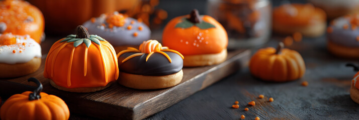 Festive autumn donuts decorated with pumpkins and spiders for a seasonal celebration in a cozy cafe setting
