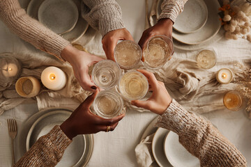 Friends celebrating a gathering with drinks on a beautifully set table in a cozy atmosphere