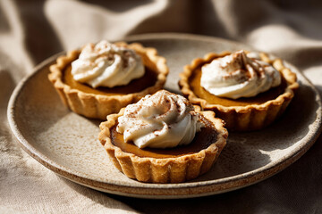 Delicious pumpkin tartlets with whipped cream served on a rustic plate
