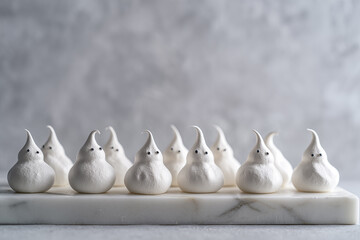 Delicate meringue ghosts displayed on a marble surface