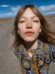 Close-up portrait of a South American woman standing on a deserted road under a vivid blue sky. A contemporary travel fashion concept with confident feminine energy.