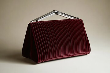 Maroon velvet clutch with diagonal ribbing and an angular silver handle, placed on a neutral off-white background 