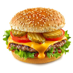 Classic Cheeseburger with Sesame Bun, Lettuce, Tomato, Pickles, and Melted Cheese