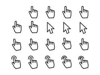 Collection of 20 hand cursor icons. Includes pointing, clicking, and arrow cursor styles. Perfect for websites, apps, and presentations.