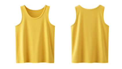 Two views of a mustard yellow sleeveless top.  Front and back views of a plain, simple tank top.  The fabric appears smooth and soft