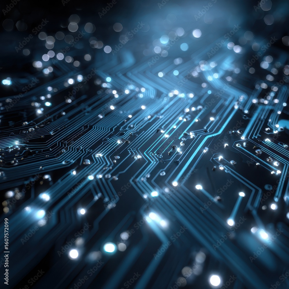 Poster abstract technology board circuit and dots at blue background with space for your logo. 3d rendering