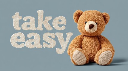 take it easy slogan with bear doll siting against easy word illustration, no logos, no brands