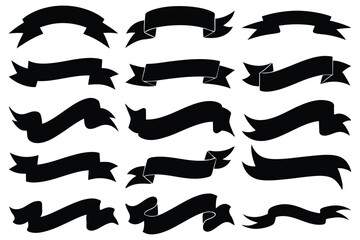 Black Ribbon Banner Silhouette Set | Vector Flat Ribbon Clipart for Labels, Logos, and Design