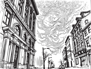 Street landscape, urban architecture, vintage, retro. Hand drawn vector illustration