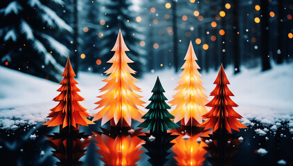 sfondo decorativo a tema natalizio con abeti luminosi e colorati realizzati in carta