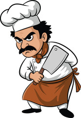 Cartoon chef with cleaver, white uniform, professional kitchen attire, cooking character, food illustration, culinary design, apron, hat, isolated background