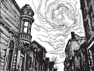 Street landscape, urban architecture, vintage, retro. Hand drawn vector illustration