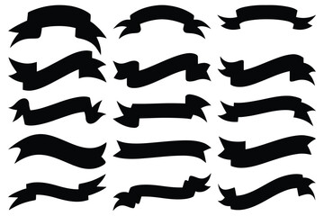 Black Ribbon Banner Silhouette Set | Vector Flat Ribbon Clipart for Labels, Logos, and Design