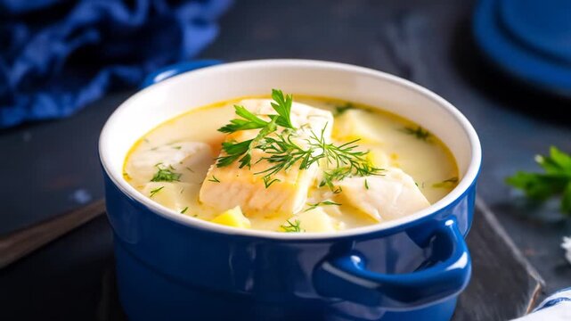 Creamy Fish and Potato Soup in Blue Bowl Topped with Fresh Dill and Parsley on Dark Background in Bright Studio Light
