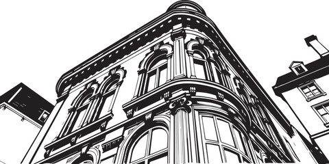 Street landscape, urban architecture, vintage, retro. Hand drawn vector illustration