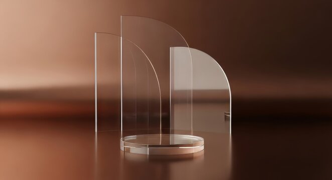 Modern glass display pieces on a bronze platform