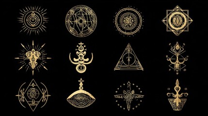 Golden mystery, witchcraft, occult, alchemy, mystical esoteric symbols. Witchcraft mystery emblem collection, magic religion tattoo. Vector illustration, no logos, no brands
