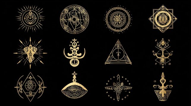 Golden mystery, witchcraft, occult, alchemy, mystical esoteric symbols. Witchcraft mystery emblem collection, magic religion tattoo. Vector illustration, no logos, no brands