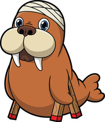 Cartoon walrus on crutches, injured animal character, bandaged head, cute marine illustration, children’s drawing, isolated white background, educational theme