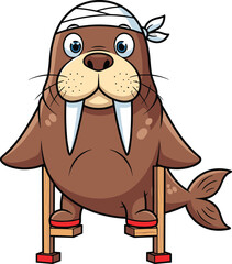 Cartoon walrus standing on stilts, wearing bandana, funny animal character, adorable marine mammal, isolated vector illustration for educational use