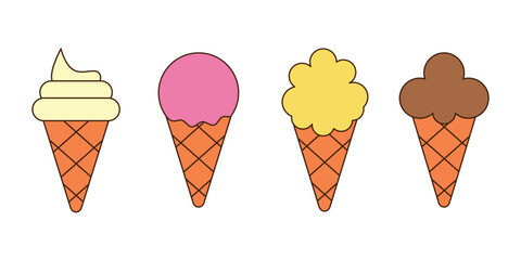 Colorful ice cream cones vector icon design. a delightful treat, vector art perfect for summer, Ice Cream with Flavors in Cones Clipart.