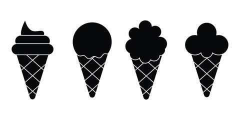 Ice cream black silhouette icons set on white background. Cream Cones And Cups Clipart. set of Ice Cream with Flavors in Cones.
