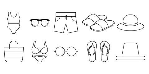 Summer beach essentials icon set. various swimwear and accessories for beachwear fashion. leisure symbols for, bikini, sunglass, sandcastle, cap, bag, pant swimsuit thine line vector illustration.