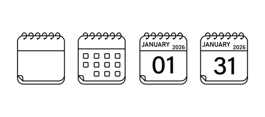 Calendar icon set. business plan schedule. January 2026 calendar planner icons for app, website, UI. reminder organizer event signs. vector symbol on white background.