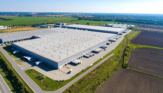 Aerial view of large distribution warehouse complex, surrounded by agricultural fields - Powered by Adobe