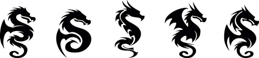 Fototapeta premium Collection of Black Dragon Silhouette Illustrations, Mythical Creature Vector Set