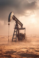 An oil pump jack operates amidst a vast desert landscape, surrounded by sand dunes under a moody sky. Dust swirls as the machinery extracts resources against a backdrop of twilight