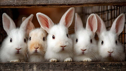 Fluffy white rabbits group portrait in cage adorable bunny pets animal farm easter rabbit breed cute hares