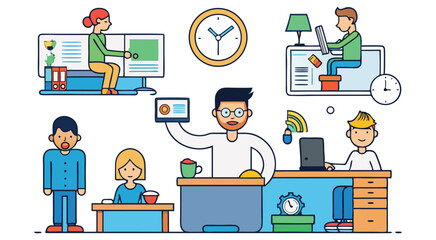 Diverse people working in office settings with computers and clocks
