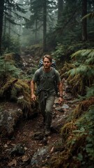 Naklejka premium A man hiking on a trail in a forest with a backpack and wearing a green shirt and pants in the daylight