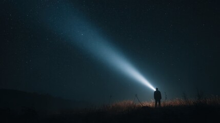 Man shining a flashlight toward the sky in the night, creating a beam of light that cuts through the darkness, evoking a sense of adventure or exploration under the stars