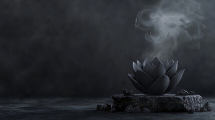 Elegant black lotus flower emitting smoke, perfect for wellness or meditation