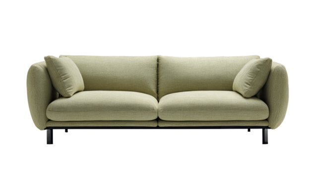 Light beige sofa with rounded cushions and dark legs