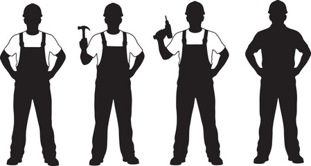 Four black silhouette construction workers with tools and hard hats, construction worker, silhouette, man, male, worker, laborer, builder, craftsman, handyman, contractor, construction, building, indu