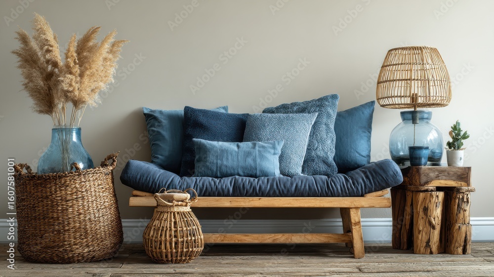Poster blue cushions on a wooden sofa between a wicker basket and a scandinavian side table with a lamp in 