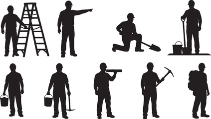 Silhouette construction workers with tools and equipment, construction, worker, silhouette, man, male, hard hat, ladder, shovel, pickaxe, bucket, pointing, digging, carrying, labor, industry, building