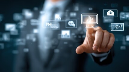 Close up of businessman touching icon of media screen, no logos, no brands
