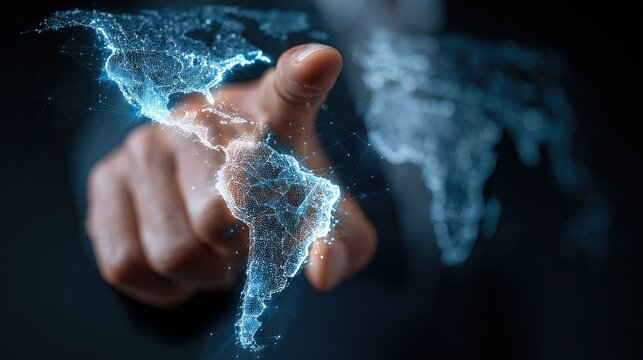 Close-up of man finger pointing at South America on digital world map. Global business strategy, international investment, worldwide economy development, tech innovation, market analysis.